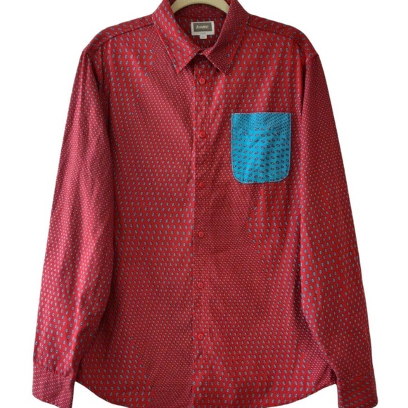 Altamont Mens Red Blue Polka Dot LS Button Up Contrast Pocket Shirt Top Large - Picture 2 of 3